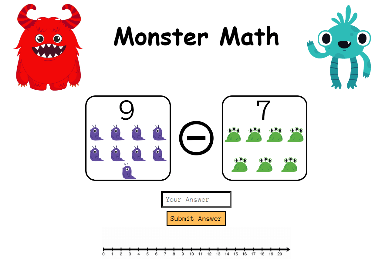 A kid's math practice game featuring cute monsters